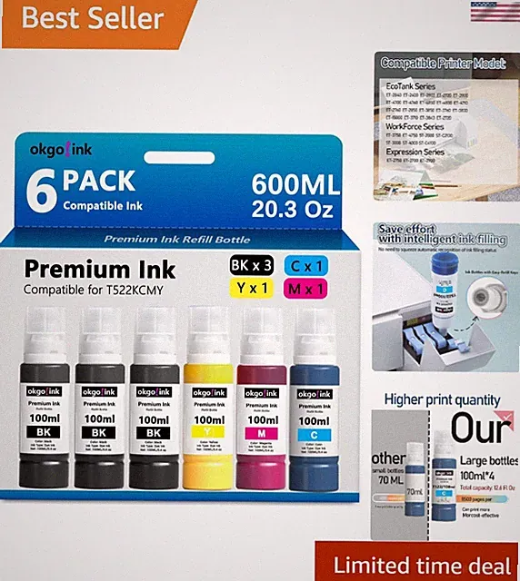 6 Pack T522 Ink Bottles - Up to 18,000 Pages, Eco-Friendly Epson Replacement
