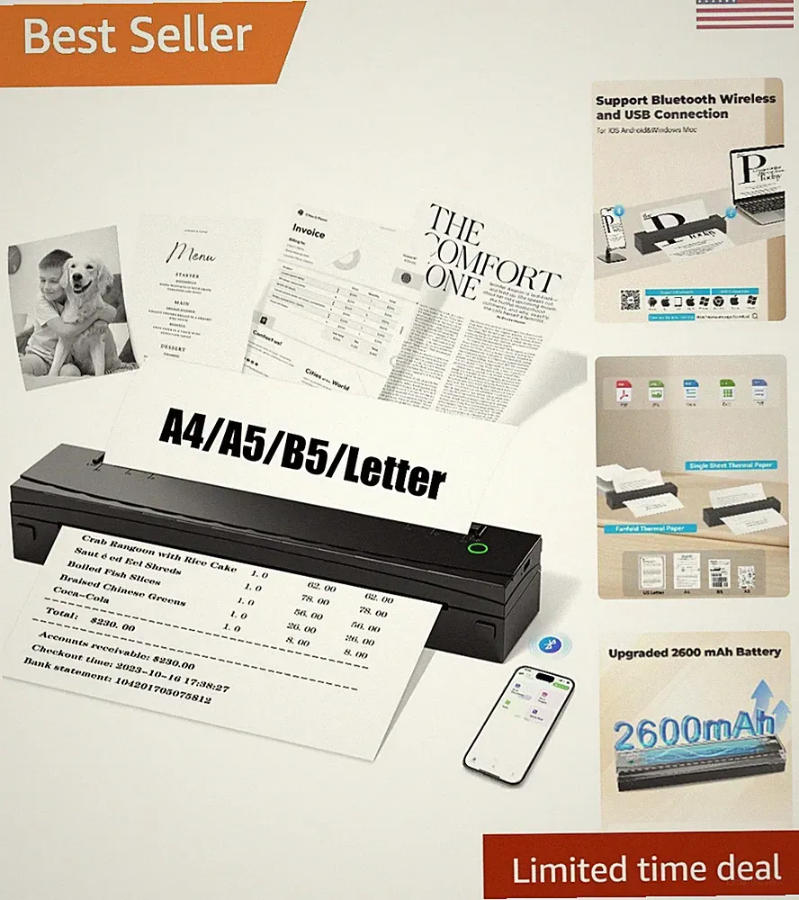 Compact Ink-Free Thermal Printer - Bluetooth Enabled for Home and Office Use