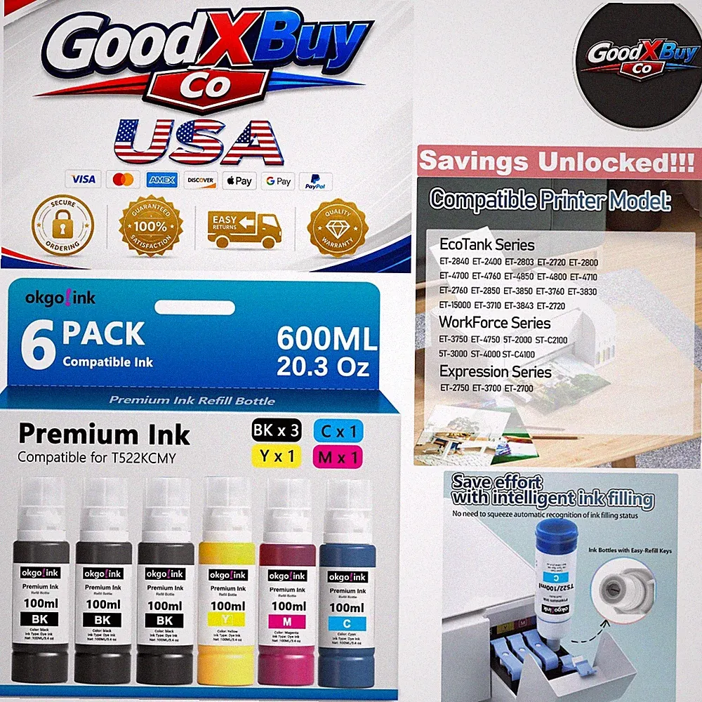 Compatible T522 Ink Refill 6 Pack for Epsom ET-2800 ET-4800 Printer 600ml Bla...